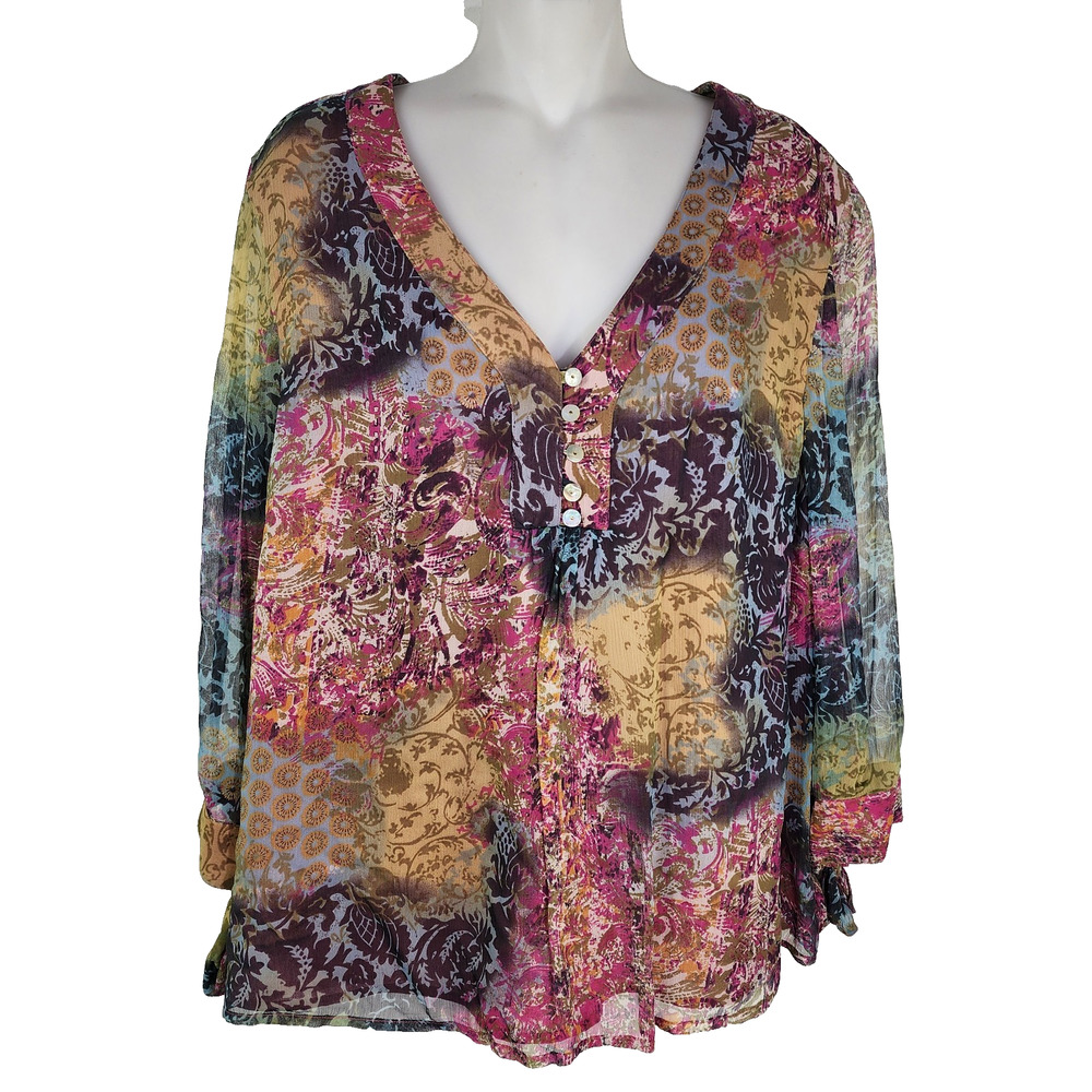 Coldwater Creek Blouse Womens XL Silk Floral 3/4 Tie Cuff Sleeve Fairy Lined
